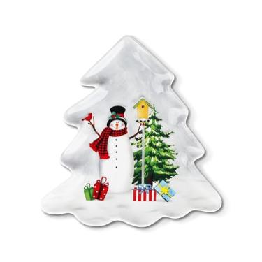 Imagem de Joeyan Pratos de jantar de cerâmica de Natal, prato de servir em forma de árvore de Natal de 21 cm com padrões festivos de boneco de neve, utensílios de jantar para aperitivo de salada de sobremesa