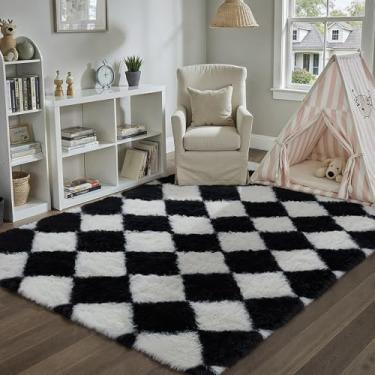 Imagem de WondRg Tapete quadriculado preto 10 x 15 cm lavável à máquina tapete completo padrão diamante tapete de sala de estar tapete macio para quarto, escritório, sala de jogos, entrada, lavanderia