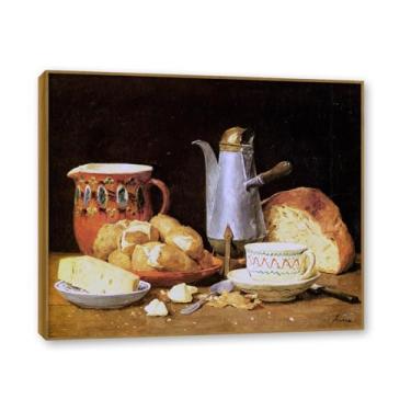 Imagem de NHLDZYH Moldura externa de teca. Famosas pinturas a óleo, (Pão de café e batatas) de Albrecht Anker, reprodução impressa em tela, arte de cenário para decoração de sala de estar. 80 x 96 cm - 31,4 x