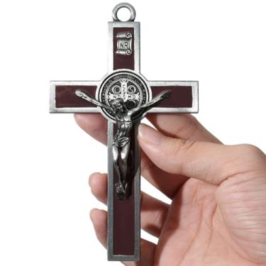 Imagem de XIPENGKEJI Crucifixo esmaltado de metal marrom, cruz cristã para parede, decoração de casa inspiradora de Cristo, cruz de Jesus para parede, decoração de arte de Jesus, presentes cristãos - 12 cm x 7