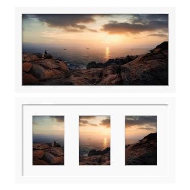 Imagem de KINLINK Moldura de colagem panorâmica de 20 x 40 cm, moldura de madeira maciça branca com acrílico HD para três fotos 10 x 15 com tapete ou 20 x 40 sem tapete, suporte de mesa e parede, conjunto de 2