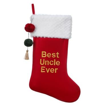 Imagem de Pxniy Meia de Natal vermelha personalizada de 49,5 cm com iniciais bordadas - meias de lareira, decoração de festa de Natal em família Best Uncle Ever