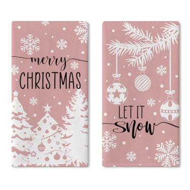 Imagem de Croar Conjunto de 2 panos de prato de cozinha rosa árvore de Natal Merry Christmas, bolas de neve, toalha de mão de secagem, pano de cozimento, Natal, férias, floco de neve, banheiro, decoração de