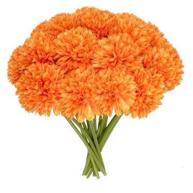 Imagem de Miayon 16 peças de flores artificiais de crisântemo e calêndula a granel para o Dia dos Mortos, Dia dos Mortos, Dia das Bruxas, Dia de Ação de Graças, mesa para decoração interna e externa (laranja)