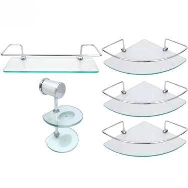 Imagem de Kit Banheiro em Vidro, 3 Prateleiras de Canto, 1 Prateleira Reta 30cm, 1 Saboneteira Dupla, 6mm, Incolor