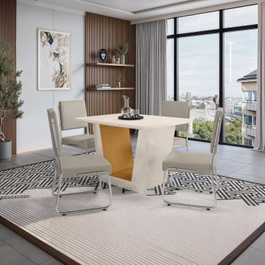 Imagem de Mesa Viena 120x90cm Tampo de Mdf e Vidro com 4 Cadeiras Monaco Off White/Marrom