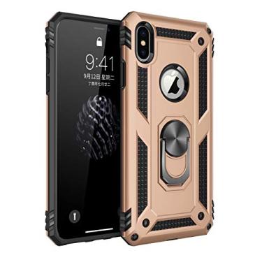 Imagem de SORAKA Capa para iPhone XS Max com suporte de anel, capa protetora para iPhone XS Max, capa traseira de policarbonato rígido com placa de metal para suporte magnético de telefone e carro, dourado