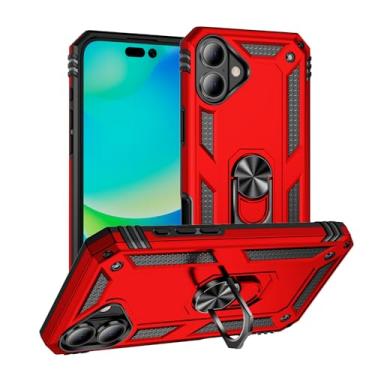 Imagem de SORAKA Capa para iPhone 16 Plus com suporte de anel, capa protetora para iPhone 16 Plus, capa traseira de policarbonato rígido com placa de metal para suporte magnético de telefone e carro, vermelho