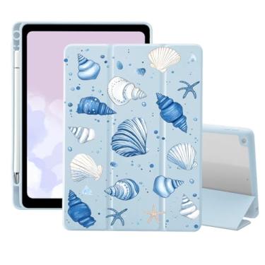 Imagem de Capa Starfish Seashell para iPad 9ª/7ª/8ª geração (2021/2020/2019, 10,2 polegadas) com suporte para lápis, capa dobrável de couro azul com desenho de desenho de capa traseira transparente para