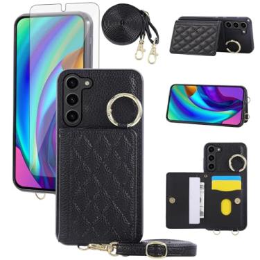 Imagem de Asuwish Capa para celular Samsung Galaxy S23 5G capa carteira e protetor de tela de vidro temperado alça de ombro transversal alça de ombro anel fivela suporte para cartão para S 23 23S GS23 G5