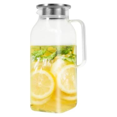 Imagem de DJAPWPX Jarra de vidro quadrada, jarra de água de vidro com tampa de aço inoxidável, jarro de vidro de grande capacidade com tampa de filtro, jarra de água para bebida fria de café e limonada