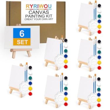Imagem de RYRIWOU Mini kit de tinta acrílica, kit de pintura em tela de arte com tela de 10 x 15 cm, cavalete esticado, tinta acrílica, pincel, paleta, para presente infantil e suprimentos de festa de pintura