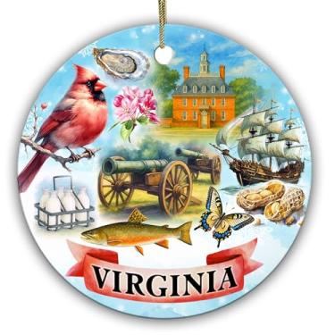 Imagem de Sportyzen Enfeite de Natal de cerâmica com símbolos do estado da Virgínia – Cardeal, flor de Dogwood, Williamsburg colonial, navio histórico e canhão – Lembrança de viagem exclusiva e decoração de