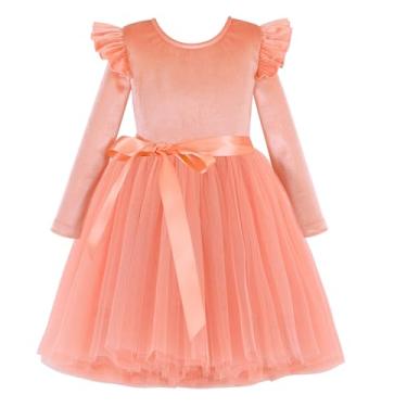 Imagem de Flofallzique Vestido infantil de veludo de manga comprida tule tutu aniversário festa chá vestido princesa 1-10 anos, Coral, 3 Anos