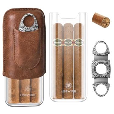 Imagem de USEWIRE Caixa de charutos, caixa de umidificador de charuto de acrílico, caixa de umidificador de viagem que comporta 3 charutos, acessórios para charutos incluindo cortadores de charutos de aço