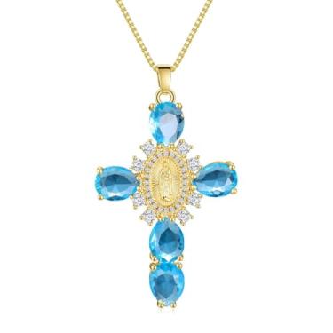 Imagem de unique corn Colar de Virgem Maria Guadalupe banhado a ouro 18K - Pingente de cruz grande para mulheres - Presentes fofos de joias Y2K, Regular size, Cobre, Sem Pedra Preciosa