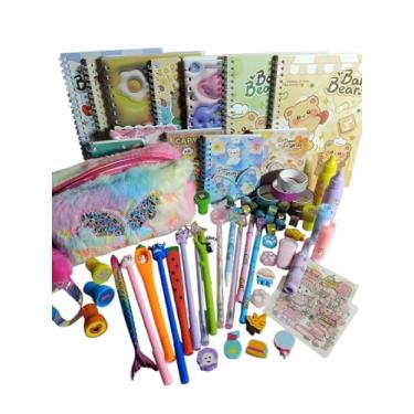 Imagem de kit papelaria fofa com 20 itens com estojo de pelúcia