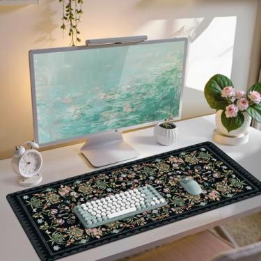 Imagem de iCasso Tapete de mesa grande preto, mouse pad grande com bordas costuradas, tapete de computador estético para desktop, tapete de teclado antiderrapante para mulheres, protetor de capa de mesa floral