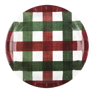 Imagem de AllReal Pratos de sobremesa de Natal, 24 peças, pratos descartáveis de guingão vermelho e verde, prato de papel de festa de 17,8 cm para Natal, inverno, férias de ano novo, suprimentos de festa (24
