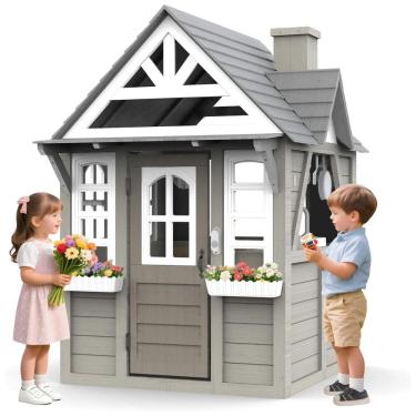 Imagem de Casa de Madeira de Cedro Cinza para Crianças de 3 a 6 anos com Cozinha, Campainha e Telefone Interativos,BTMWAY