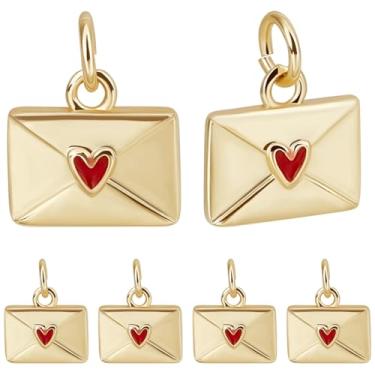 Imagem de Beebeecraft 1 caixa, 20 peças, berloques de envelope banhado a ouro 18 K, latão, carta de amor, com esmalte de coração vermelho para fazer joias, colar, pulseiras, brincos, pingentes, artesanato, faça
