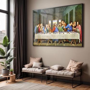 Imagem de Quadro com Moldura e Acrilico Cristal Vidro Sala Quarto Santa Ceia Religioso Decorativo Horizontal Grande Hall