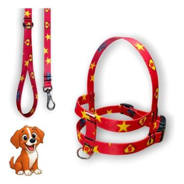 Imagem de Coleira Peitoral Lari Pet Com Guia Cães Seda Estampada N1, Vermelho