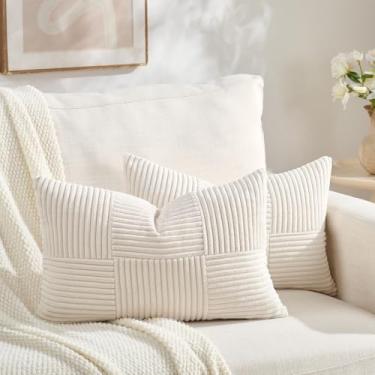 Imagem de Fancy Homi Conjunto de 2 capas de almofada decorativas boho lombar creme 30 x 50 cm para sala de estar quarto sofá cama, decoração de casa de fazenda moderna, capa de almofada de veludo cotelê xadrez