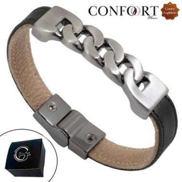 Imagem de Pulseira de Couro Masculina Magnética Elos Corrente - GRANADO ACESSÓRI