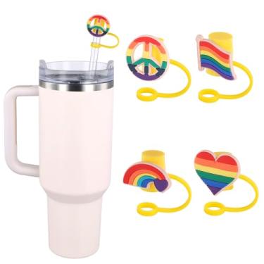 Imagem de 4 peças de topos de palha arco-íris para Stanley Cup, 4 estilos de tampas de canudo de silicone reutilizáveis capas de palha de arco-íris protetores para copos Stanley de 850 g e 1,134 g