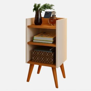 Imagem de Mesa de Cabeceira Retrô Pés em Pvc Anti Umidade com Porta E Celular Nicho Organizador (Off-White/Cinamomo Pés Marrom)
