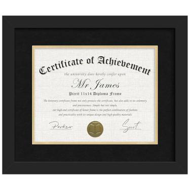 Imagem de Picrit Moldura para documentos e diploma de madeira preta de 28 x 35 cm com vidro temperado e tapete preto sobre ouro, e moldura de certificado de 15 x 18 graus sem tapete para parede, 1 pacote