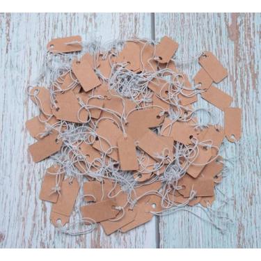 Imagem de 100 etiquetas de preço com cordão de 2,5 x 1,3 cm de papel kraft para pendurar etiquetas elásticas para exibição de produtos, joias, roupas, embrulho de presente, materiais de artesanato (jraft