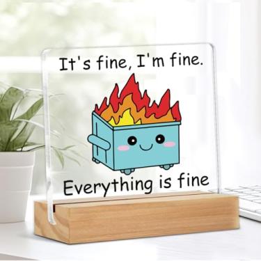 Imagem de Acessórios de mesa de lixo para bombeiros decoração engraçada de escritório para mulheres homens colegas de trabalho I'm Fine Everything Is Fine Cute lixeira decoração de placas de mesa