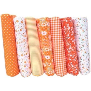 Imagem de Conjunto de 7 peças de tecido de algodão laranja superior quadrado patchwork, colcha de costura DIY padrão de ponto floral artesanato e passatempo, tecido de artesanato e hobby 25,4 x 25,4 cm
