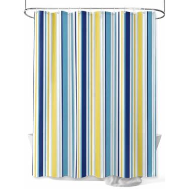 Imagem de Cortina de chuveiro listrada minimalista azul-petróleo, textura retrô abstrata, impermeável, lavável, conjunto de cortinas de banheiro para decoração de banheiro, 182 x 182 cm de comprimento, amarelo