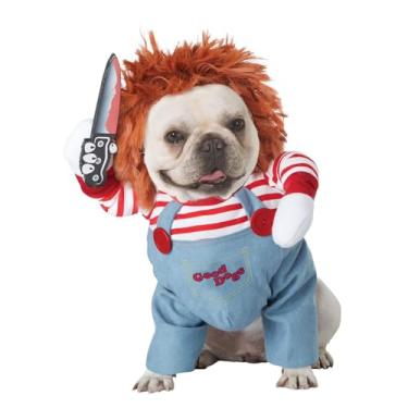 Imagem de Fantasia de Boneca Mortal de Cachorro - Pet Halloween Engraçado Chucky Cosplay Acessórios com Peruca e Faca, Conjunto de Corte de Festa de Natal para Filhote, Gato, Pug, Corgi, Shiba, Tamanho M (G)