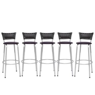 Imagem de Banqueta Altas Junco Preto Estrutura Prata 70cm Para Balcão Cozinha, Bar, Bistrô, Americano Kit 05 Unidades - Itagold (Assento Marrom Escuro)