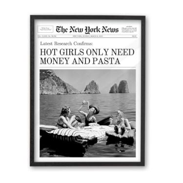 Imagem de iHery Arte de parede emoldurada de jornal natural de madeira de carvalho preto natural de 30,5 x 40,6 cm, meninas gostosas modernas só precisam de dinheiro e massas, decoração de parede para quarto