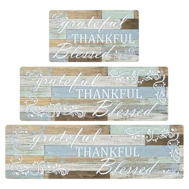 Imagem de Tapetes de cozinha Thankful para chão, 3 peças, tapetes antiderrapantes acolchoados de cozinha com design de grade, tapete confortável à prova d'água tapete de corrida de chef de fazenda para pia