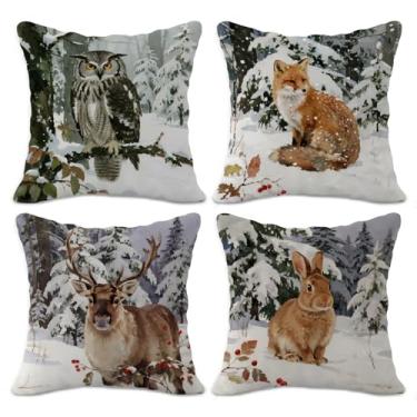 Imagem de OTOUO Capas de travesseiro de animais de Natal floresta de inverno 45,7 x 45,7 cm, rústica, nevado, rena, coelho, coruja, raposa, decoração para sofá, quarto, sala de estar, casa, conjunto de 4