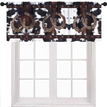 Imagem de Celeiro de janela de couro de vaca para cozinha, casa de fazenda rústica celeiro de madeira Texas Star retrô cowboy tratamento de janela curta para quarto, sala de estar, banheiro, café, 1 peça, 137 x