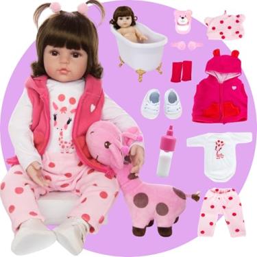 Imagem de Boneca Bebê Reborn Menina Realista de Silicone com Girafa Rosa e Roupinhas