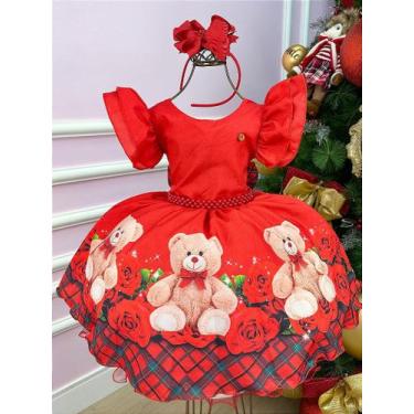 Imagem de Vestido Banana Club Vermelho Ursinho Flores Natal - Tecido Microfibra,