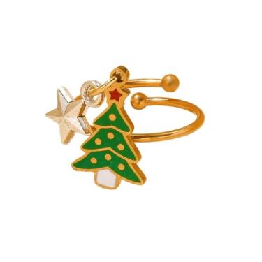 Imagem de NewZenro Anel ajustável de árvore de Natal dourado com pingente de estrela fofa, anel de dedo de aço inoxidável, ajuste confortável, joia moderna para festa de Natal em família