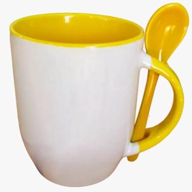 Imagem de Caneca para Bebidas Quentes com Colher (Base Curva) 325 ml a Colher Não Cai Da Caneca. (amarelo)