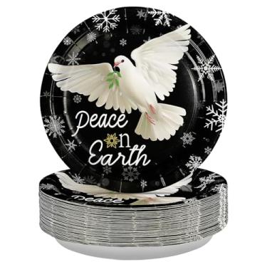 Imagem de 50 peças de pratos de papel redondos de Natal de 25,4 cm para serviço pesado, Natal, paz na terra, pratos de sobremesa de pomba branca de inverno para decoração de chá de bebê e festa de aniversário