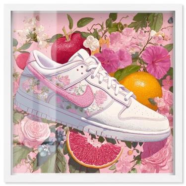 Imagem de Tênis Lost Floral and Fruits III Shadowbox Print Pink Fashion Art por Art Remedy, moldura branca, 61 x 61 cm