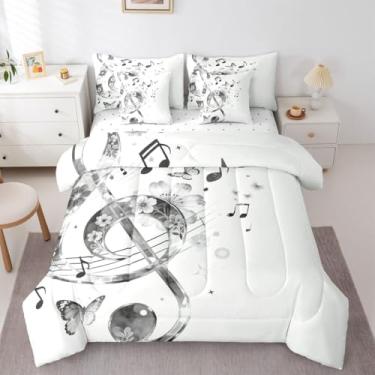 Imagem de Erosebridal Conjunto de edredom solteiro Music Note 7 peças, cama borboleta em uma bolsa, conjunto de cama cinza e branco com edredom, lençóis, fronhas, flores de cerejeira para decoração de quarto