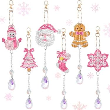 Imagem de ckujjui 6 peças de enfeites de pintura de diamante 5D rosa de Natal kit de sinos de vento de cristal pintura de diamante dupla face para iniciantes com pingente de cristal para decoração de jardim de